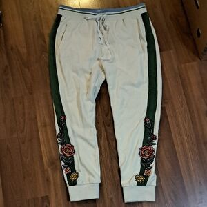 Men's Beige and Green Embroidered Joggers